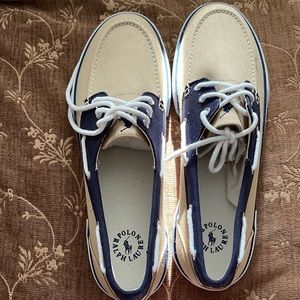 Polo Ralph Lauren Lander Men's Size 12 Boat Shoes Tan Canvas Casual Sneakers.